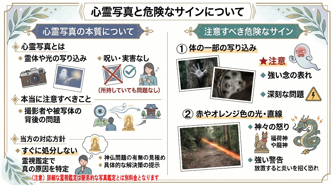心霊写真と危険サイン、注意点の解説グラフィックレコード